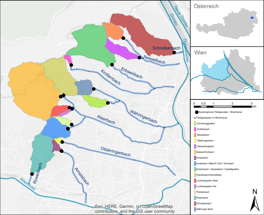 Das Untersuchungsgebiet des Projekts ProBach. Es zeigt eine Karte von Wien mit den eingezeichneten Bächen, die im Untergrund verborgen immer noch durch Wien fließen. Auf der rechten Seite ist eine Karte von ganz Wien und Österreich zu sehen, für eine bessere geographische Verortung.